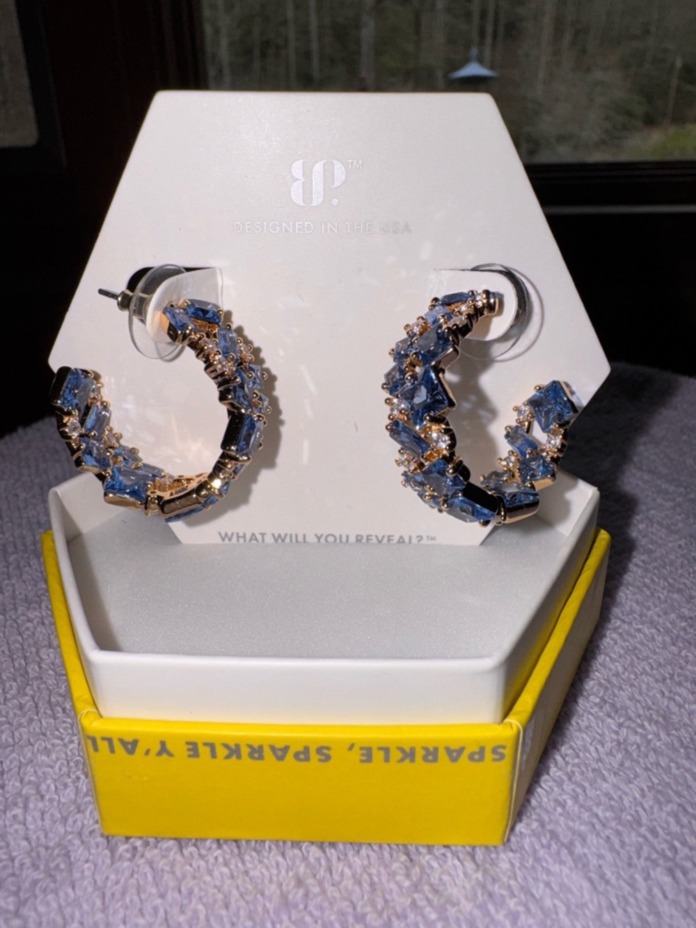 bp Gold-Tone Hoop Earrings with Blue Crystals